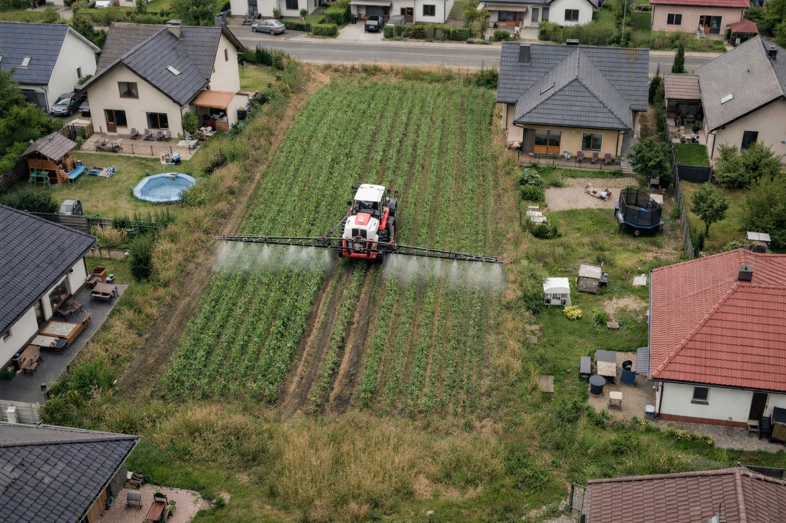 Małe aktywnie opryskiwane pole tuż przy domach bez realnej nowej ochrony